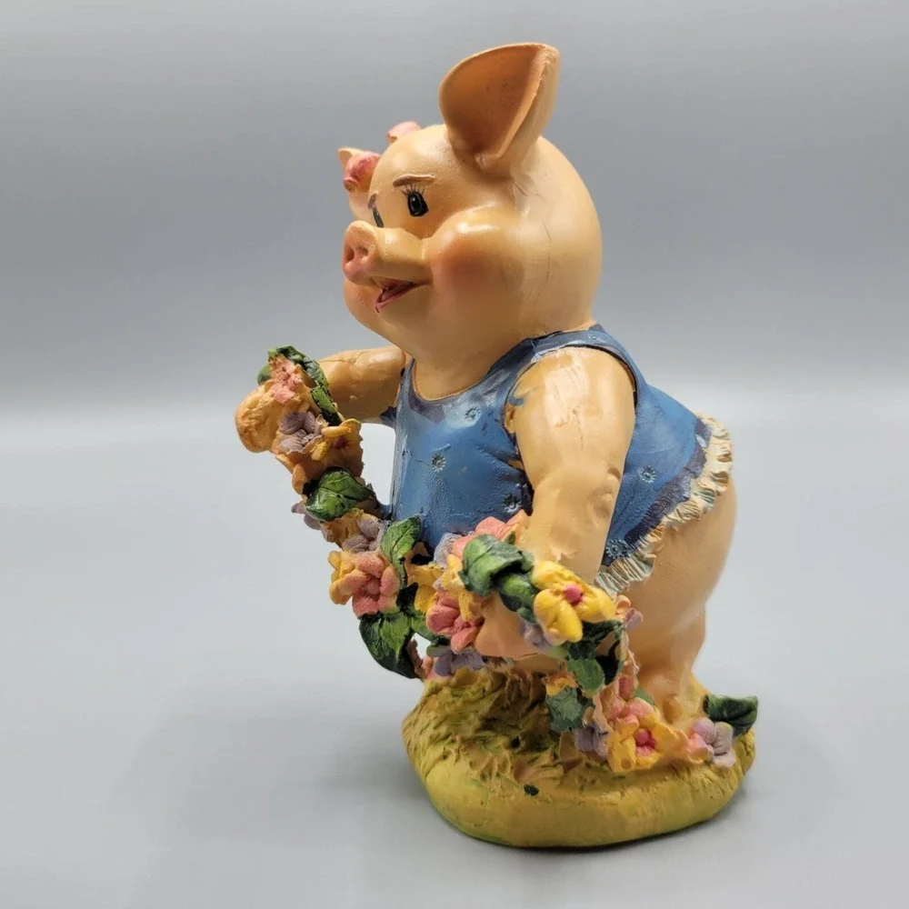 Vintage Adorable Happy Pig Figurine Blue Dress Floral Accents Home Shelf Decor